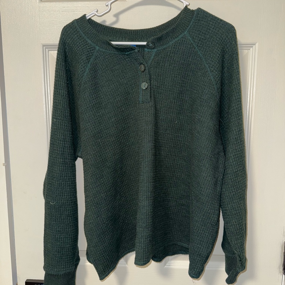 Green Waffle Knit Henley Sweater